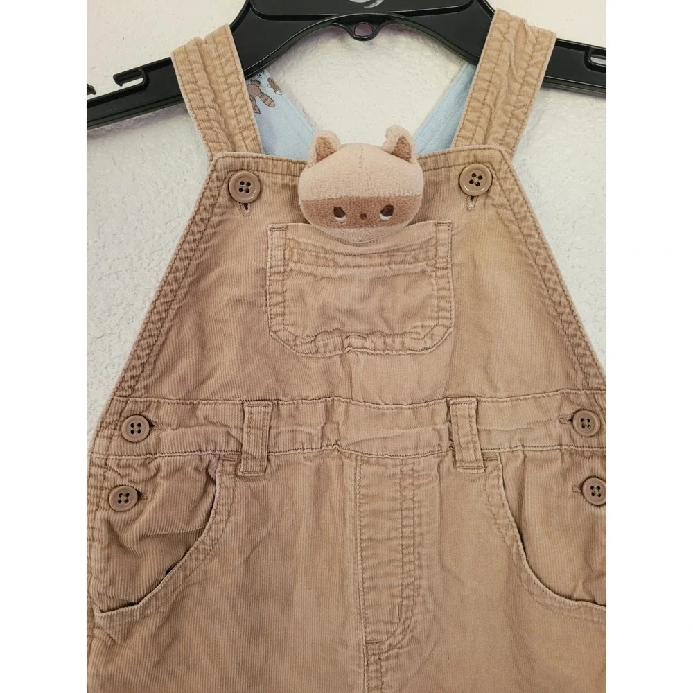Gymboree Vintage 2004 Tan Corduroy Raccoon Plush Overalls 6-12 M 100% Cotton #10